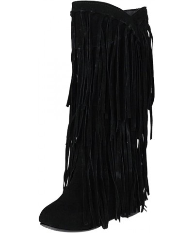 Womens Mid Calf Boots Western Cowboy Boot Women's Plus Size Winter Chunky Heel Fringe Boots Inside Booster Mid Length Womens ...