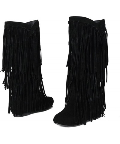 Womens Mid Calf Boots Western Cowboy Boot Women's Plus Size Winter Chunky Heel Fringe Boots Inside Booster Mid Length Womens ...