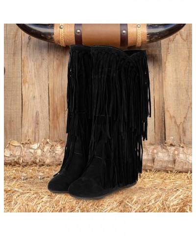 Womens Mid Calf Boots Western Cowboy Boot Women's Plus Size Winter Chunky Heel Fringe Boots Inside Booster Mid Length Womens ...