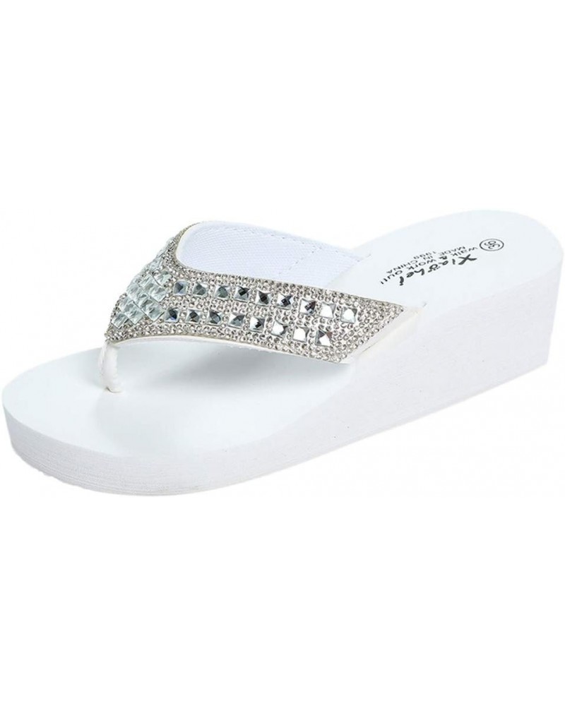 Rhinestone Wedge Sandals for Women Summer Beach Slippers Open Toe Casual Slides Platform Flip Flops 7 White $7.28 Sandals