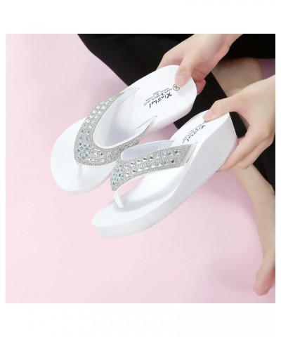 Rhinestone Wedge Sandals for Women Summer Beach Slippers Open Toe Casual Slides Platform Flip Flops 7 White $7.28 Sandals