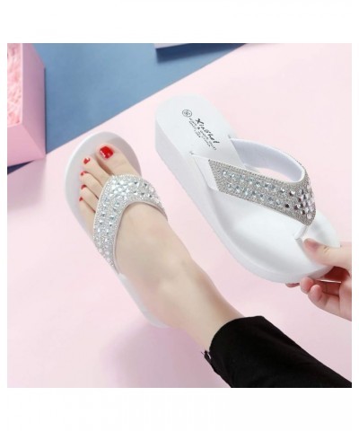 Rhinestone Wedge Sandals for Women Summer Beach Slippers Open Toe Casual Slides Platform Flip Flops 7 White $7.28 Sandals