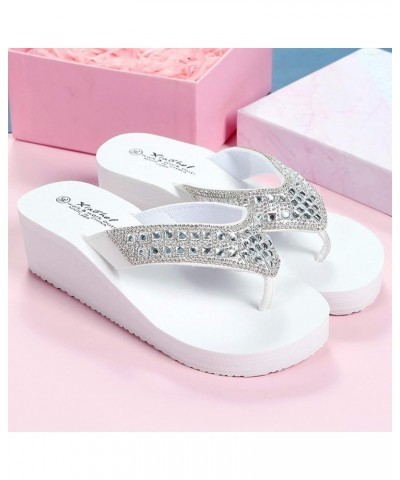 Rhinestone Wedge Sandals for Women Summer Beach Slippers Open Toe Casual Slides Platform Flip Flops 7 White $7.28 Sandals