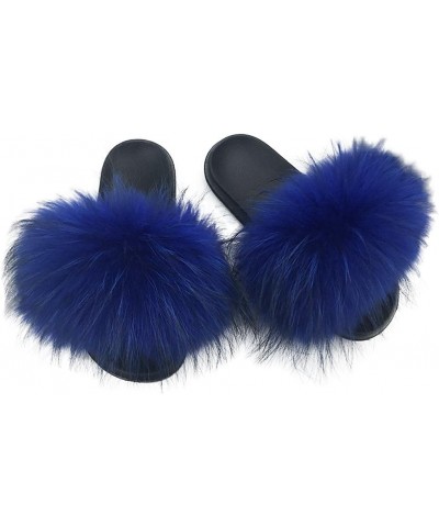 Women's Luxury Real Raccon Fur Slippers Slides Indoor Outdoor Flat Soles Royal Blue $14.76 Slippers