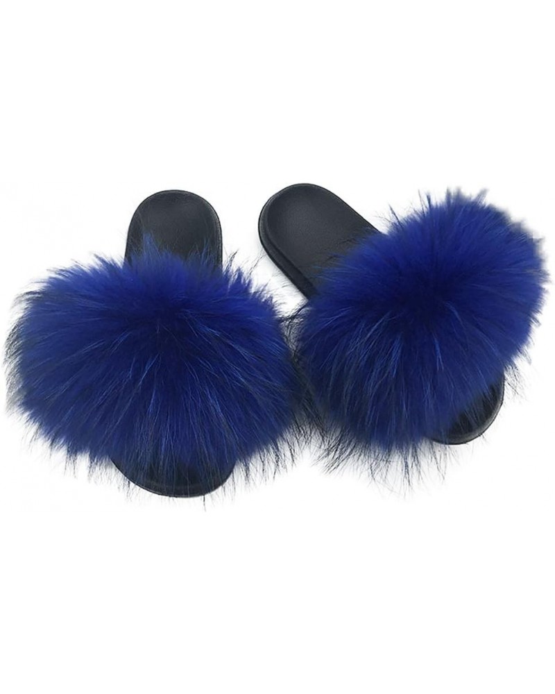 Women's Luxury Real Raccon Fur Slippers Slides Indoor Outdoor Flat Soles Royal Blue $14.76 Slippers