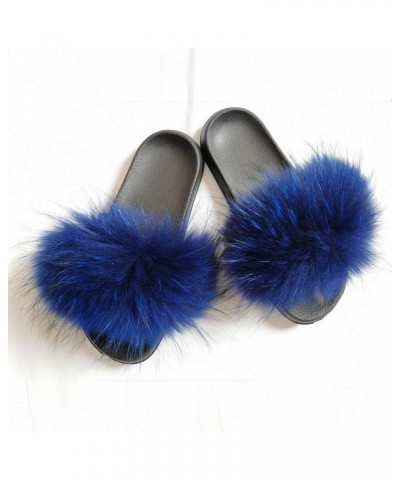 Women's Luxury Real Raccon Fur Slippers Slides Indoor Outdoor Flat Soles Royal Blue $14.76 Slippers