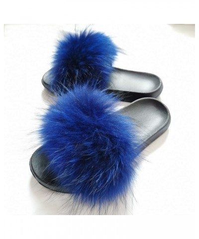 Women's Luxury Real Raccon Fur Slippers Slides Indoor Outdoor Flat Soles Royal Blue $14.76 Slippers