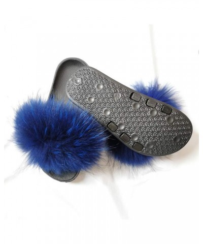 Women's Luxury Real Raccon Fur Slippers Slides Indoor Outdoor Flat Soles Royal Blue $14.76 Slippers