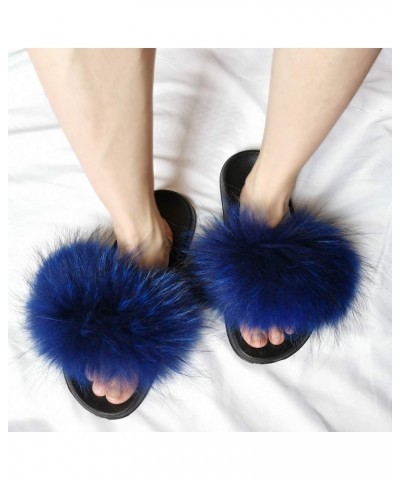 Women's Luxury Real Raccon Fur Slippers Slides Indoor Outdoor Flat Soles Royal Blue $14.76 Slippers