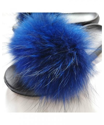 Women's Luxury Real Raccon Fur Slippers Slides Indoor Outdoor Flat Soles Royal Blue $14.76 Slippers