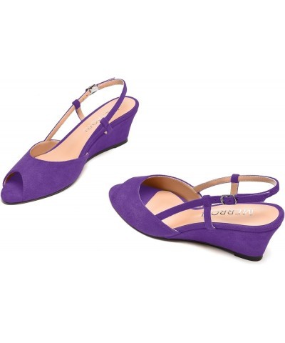 Womens Suede Slingback Peep Toe Dating Cute Buckle Wedge Low Heel Wedges Sandals 2 Inch Purple $32.67 Sandals