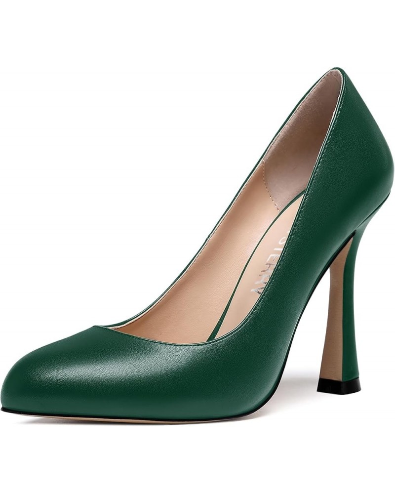 Womens Matte Slip On Round Toe Wedding Dress Spool High Heel Pumps Shoes 4 Inch Dark Green $33.79 Pumps