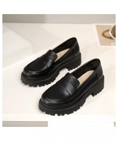 Womens Penny Loafers Vegan Lether Square Toe Vintage Fashion Slip On Ladies Platform Loafer Mid Chunky Heels Dress Shoes Blac...