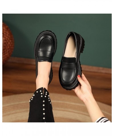 Womens Penny Loafers Vegan Lether Square Toe Vintage Fashion Slip On Ladies Platform Loafer Mid Chunky Heels Dress Shoes Blac...