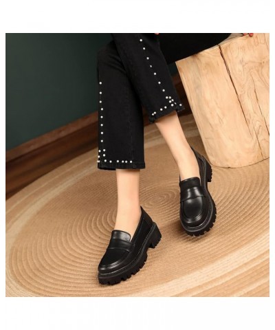 Womens Penny Loafers Vegan Lether Square Toe Vintage Fashion Slip On Ladies Platform Loafer Mid Chunky Heels Dress Shoes Blac...