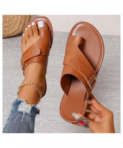 Sandals Women Comfortable Flat Leather Sandals for Women Dressy Sandals with Open Toe Ring Loop Strap Slip on Slide Slippers ...