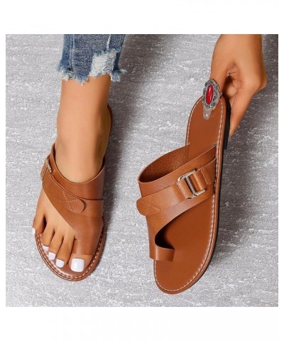 Sandals Women Comfortable Flat Leather Sandals for Women Dressy Sandals with Open Toe Ring Loop Strap Slip on Slide Slippers ...