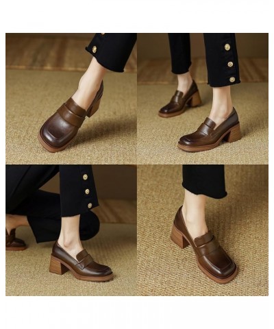 Women's Leather Chunky High Heels Penny Loafers Mid Stacked Heel Square Closed Toe Slip On Dress Uniform Oxfords Vintage Clas...