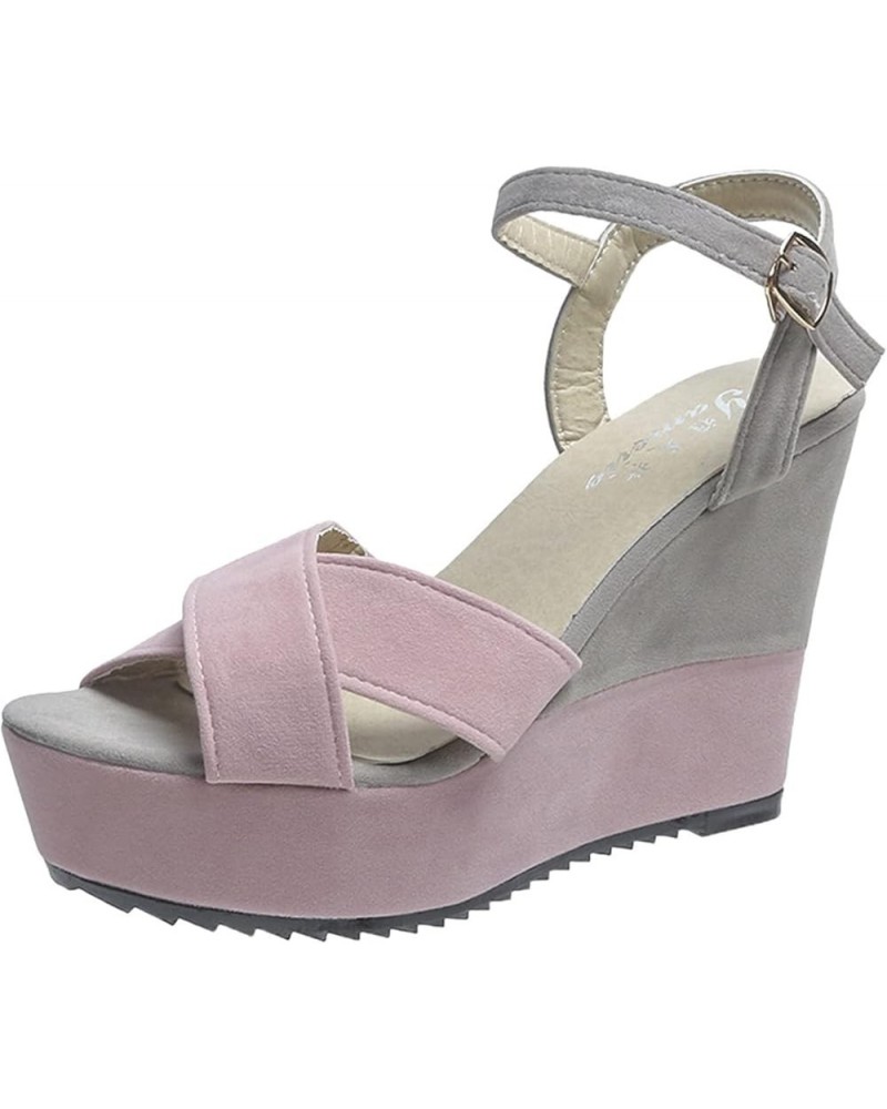 Fashion Spring And Summer Women Sandals Wedge High Heels Colorblock Buckle Casual Memory Foam Sandals for Women Size 9 Pink $...