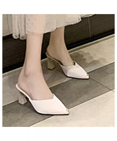 Classic High Thick Heels Back Slide Open Mules Shoes Made for Womans Slip-on Office Wear Comfy PU Leather Pointy Toe Wear Whi...