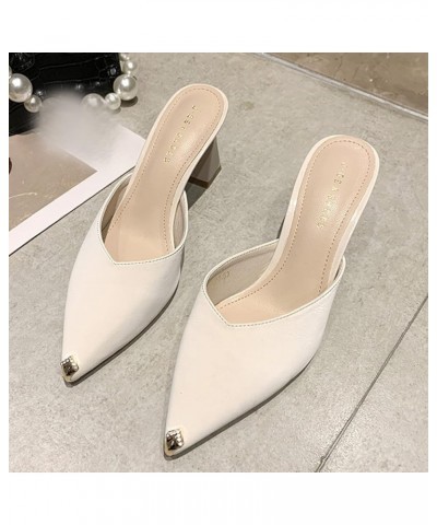 Classic High Thick Heels Back Slide Open Mules Shoes Made for Womans Slip-on Office Wear Comfy PU Leather Pointy Toe Wear Whi...