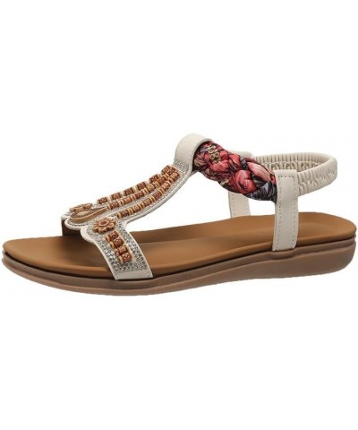 Sandalias de mujer Bohemian Pearl Diamond Zapatos elásticos Pisos Cómodos Fondo Sandalia plana de gran tamaño Trabajo J-416 B...