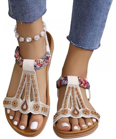 Sandalias de mujer Bohemian Pearl Diamond Zapatos elásticos Pisos Cómodos Fondo Sandalia plana de gran tamaño Trabajo J-416 B...