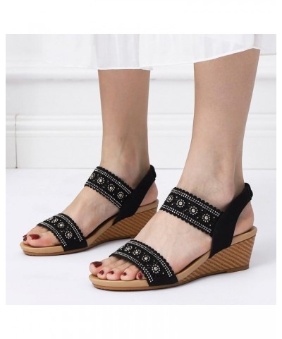 beach sandals women Women Ankle Strap Casual Bohemian Rhinestone Decor Slingback Wedge Sandals wedge slippers outdoor Z 14-bl...