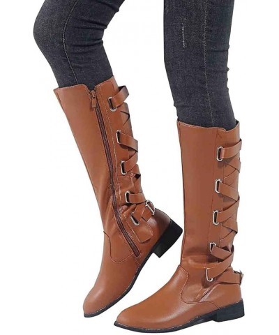 Women's Winter Long Shaft Riding Boots Flat Combat Boots with Cross Belt Fashionable Biker Boots with Zipper Non-Slip Warm Sn...