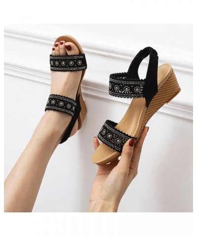 beach sandals women Women Ankle Strap Casual Bohemian Rhinestone Decor Slingback Wedge Sandals wedge slippers outdoor Z 14-bl...