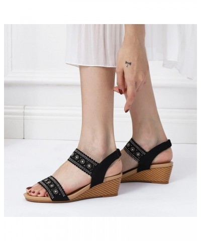 beach sandals women Women Ankle Strap Casual Bohemian Rhinestone Decor Slingback Wedge Sandals wedge slippers outdoor Z 14-bl...