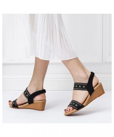 beach sandals women Women Ankle Strap Casual Bohemian Rhinestone Decor Slingback Wedge Sandals wedge slippers outdoor Z 14-bl...