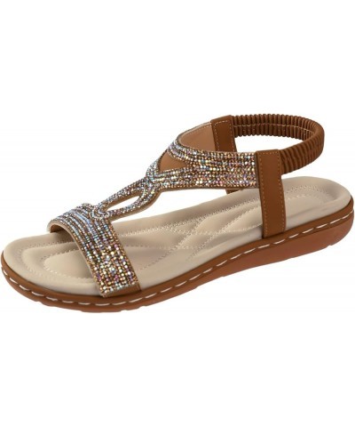 Platform Bohemia Flat Shoes, Sandals For Womens Studded Crystal Shoes Wedges Elastic Strap Roman Sandals Z 04-brown $13.84 Sa...