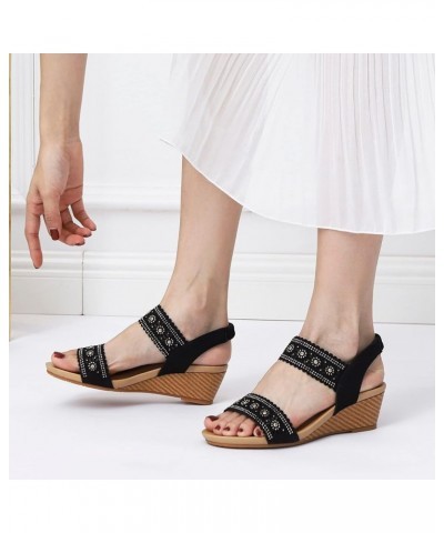 beach sandals women Women Ankle Strap Casual Bohemian Rhinestone Decor Slingback Wedge Sandals wedge slippers outdoor Z 14-bl...