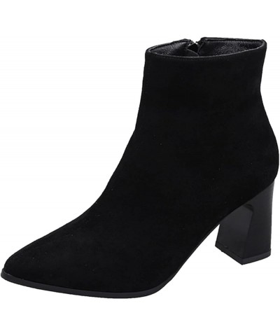 Fashion Women Solid Color Flock Comfortable Square Heels Zipper Short Booties Pointed Toe Shoes Short Boots Women Black $20.5...