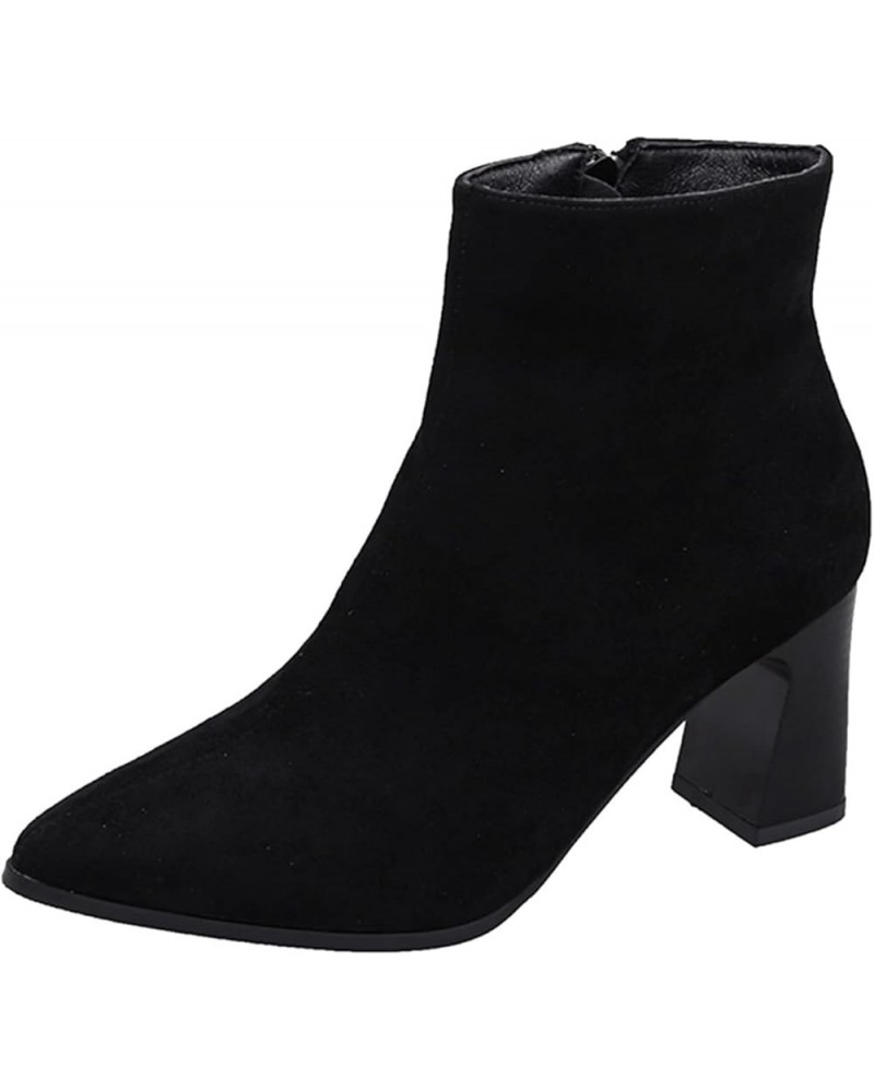 Fashion Women Solid Color Flock Comfortable Square Heels Zipper Short Booties Pointed Toe Shoes Short Boots Women Black $20.5...