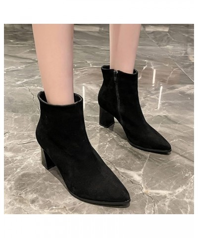 Fashion Women Solid Color Flock Comfortable Square Heels Zipper Short Booties Pointed Toe Shoes Short Boots Women Black $20.5...