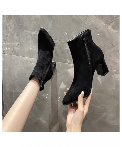 Fashion Women Solid Color Flock Comfortable Square Heels Zipper Short Booties Pointed Toe Shoes Short Boots Women Black $20.5...