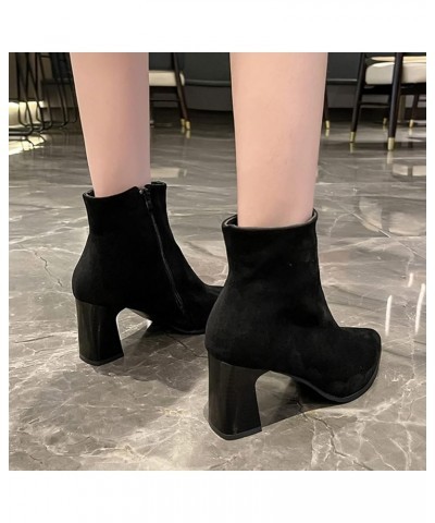 Fashion Women Solid Color Flock Comfortable Square Heels Zipper Short Booties Pointed Toe Shoes Short Boots Women Black $20.5...