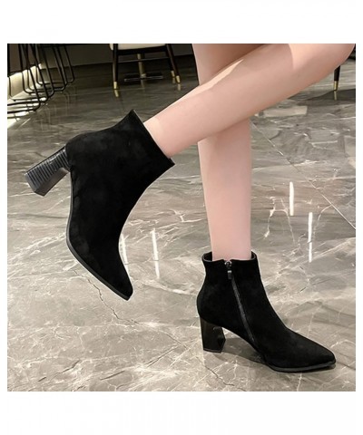 Fashion Women Solid Color Flock Comfortable Square Heels Zipper Short Booties Pointed Toe Shoes Short Boots Women Black $20.5...