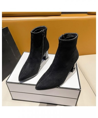 Fashion Women Solid Color Flock Comfortable Square Heels Zipper Short Booties Pointed Toe Shoes Short Boots Women Black $20.5...