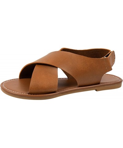 Athletic Slides Women Ladies Summer Solid Color Leather Open Toe Hook Loop Flat Bottom Sandals Brown➤➤2024 Shoes for Women $1...