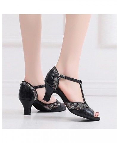 Women's Chunky Low Heel Sandals Fashion Women's Rhinestone High Heel Buckle Latin Dance Shoes Sandals Dance Shoes 7.5 Black $...