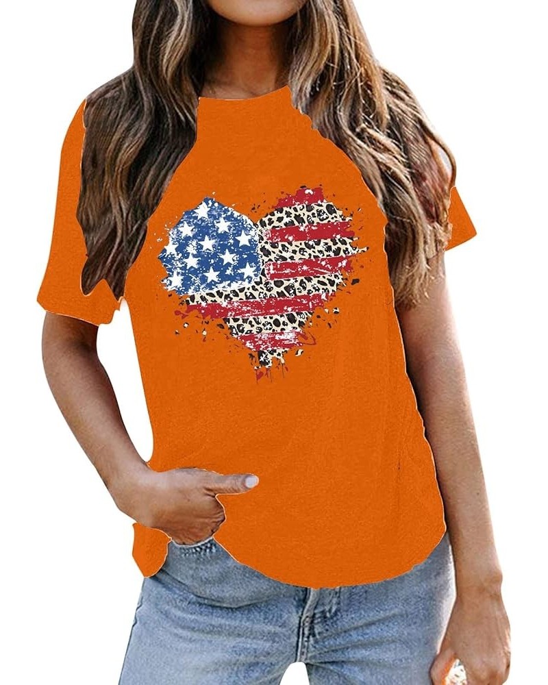 Shirt Tail Sweaters Women Neck T Shirt Independence Day Print Loose Short Sleeve Pullover Comfortable Top Shirt Orange➤➤indep...