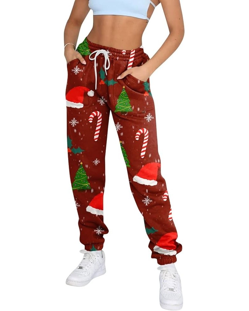 Womens Christmas Print High Waist Trousers Autumn Winter Elastic Sweatpants Sport Pocket Drawstring Pants 2-wine $12.72 Outdo...