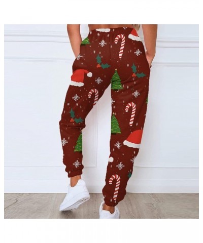 Womens Christmas Print High Waist Trousers Autumn Winter Elastic Sweatpants Sport Pocket Drawstring Pants 2-wine $12.72 Outdo...