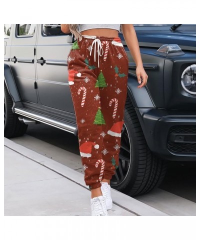 Womens Christmas Print High Waist Trousers Autumn Winter Elastic Sweatpants Sport Pocket Drawstring Pants 2-wine $12.72 Outdo...