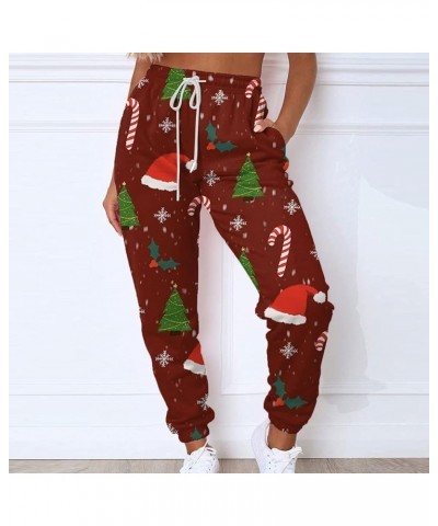 Womens Christmas Print High Waist Trousers Autumn Winter Elastic Sweatpants Sport Pocket Drawstring Pants 2-wine $12.72 Outdo...