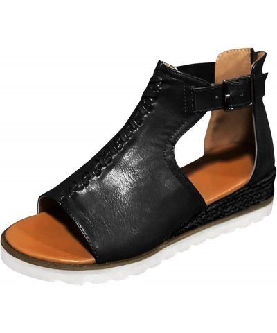 Platform Sandals for Women - T-Strap Chunky Mid Heel Sandal Womens Sandals With Arch Support Black $14.09 Sandals