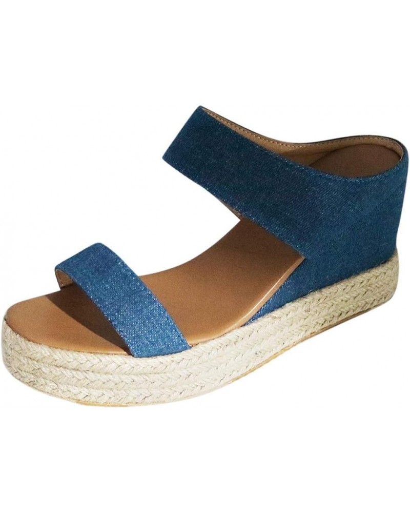 Beach Sandals Wedges Slip-On Breathable Open Casual Shoes Summer Straw Toe Women Women's Wedge Heels for Women Open Toe Blue ...